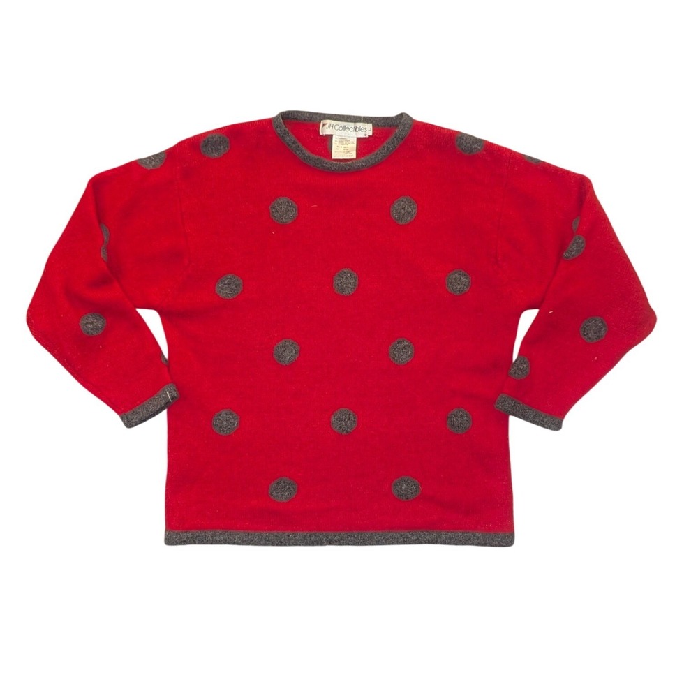 JH Collectibles Sweater Women L Red Polka Dot Lambswool Angora Blend VTG Knit